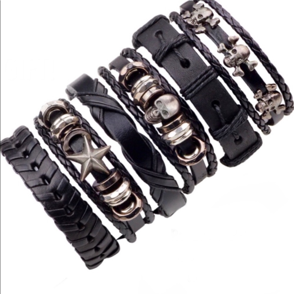 NEW Black Leather Mens Bracelets SET OF 2